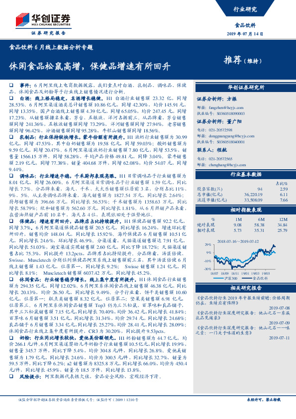 食品饮料6月线上数据分析专题：休闲食品松鼠高增，保健品增速有所回升