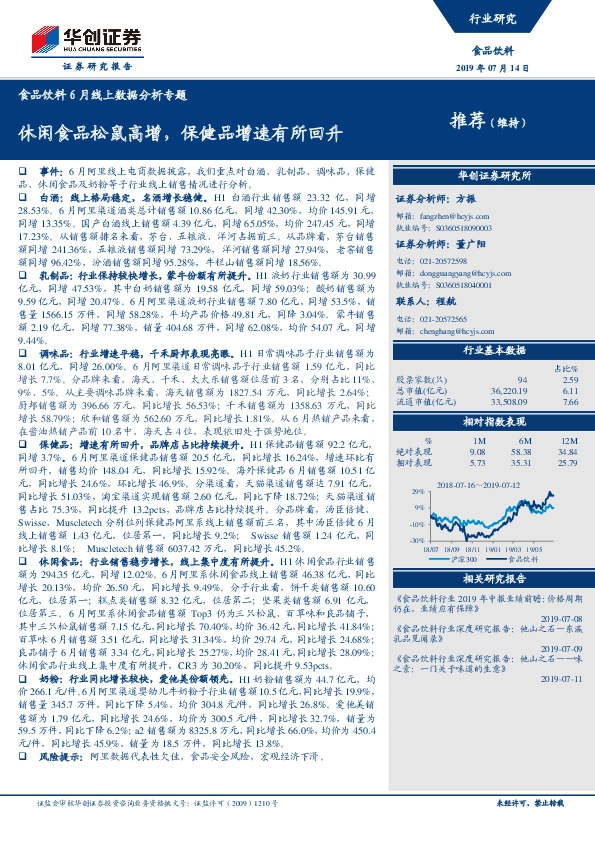 食品饮料6月线上数据分析专题：休闲食品松鼠高增，保健品增速有所回升