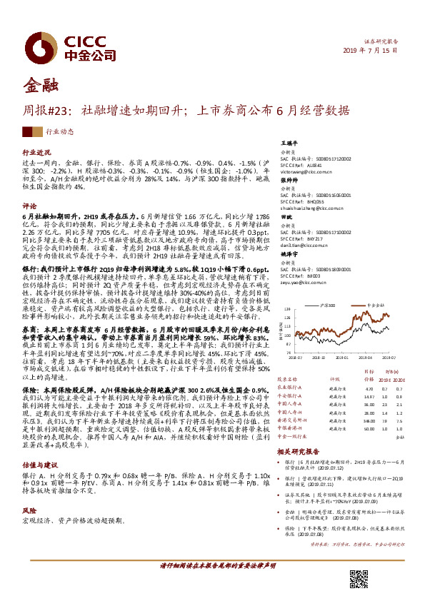 金融周报#23：社融增速如期回升；上市券商公布6月经营数据