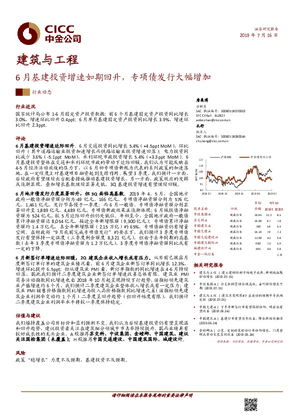 建筑与工程行业动态：6月基建投资增速如期回升，专项债发行大幅增加