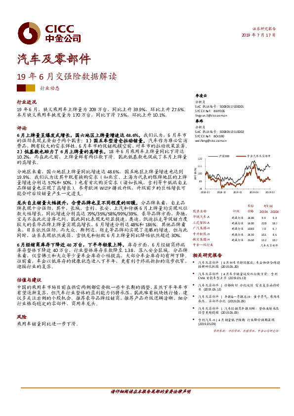 汽车及零部件行业动态：19年6月交强险数据解读
