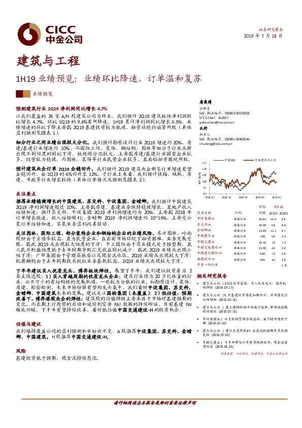 建筑与工程1H19业绩预览：业绩环比降速，订单温和复苏