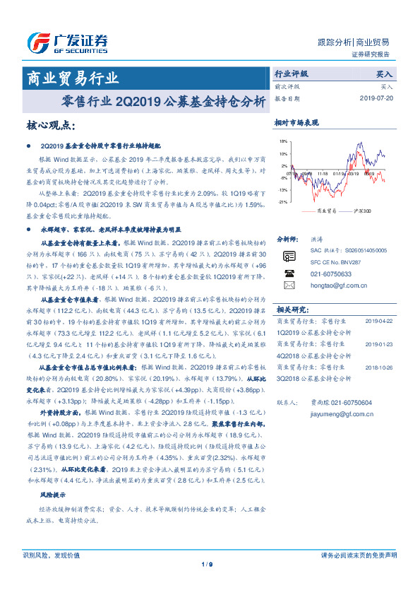 商业贸易行业：零售行业2Q2019公募基金持仓分析