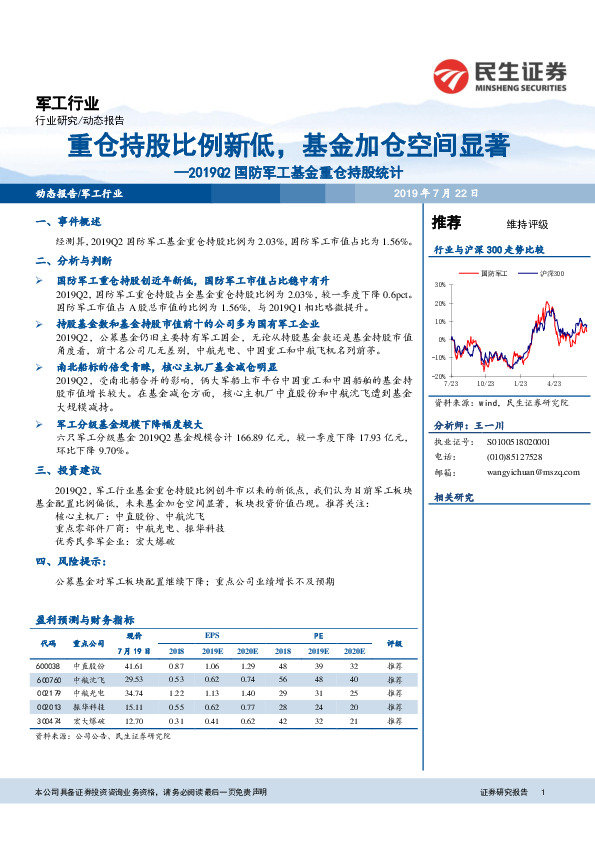 国防军工基金重仓持股统计：重仓持股比例新低，基金加仓空间显著