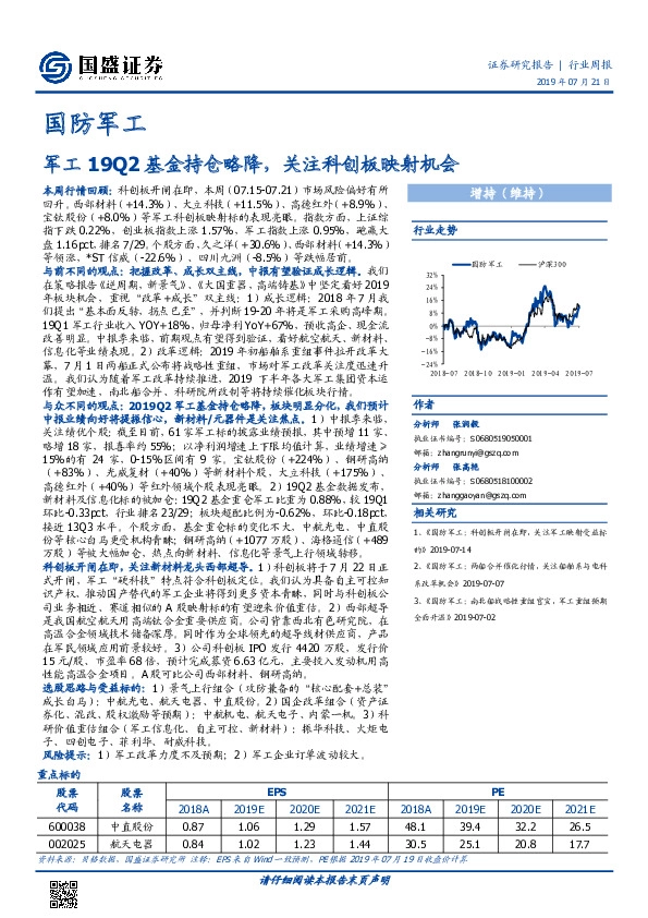 国防军工行业周报：军工19Q2基金持仓略降，关注科创板映射机会