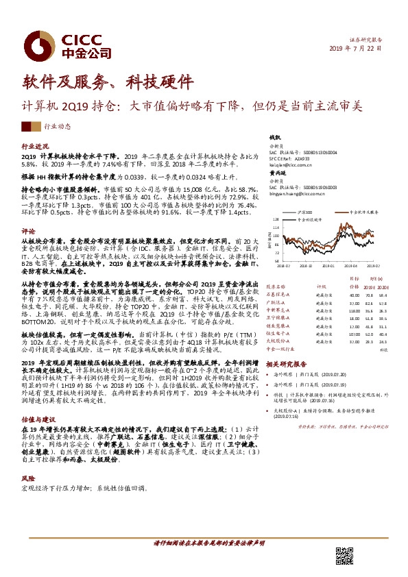 计算机2Q19持仓：大市值偏好略有下降，但仍是当前主流审美