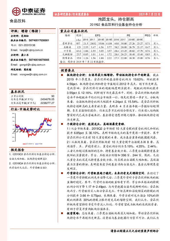 2019Q2食品饮料行业基金持仓分析：抱团龙头，持仓新高