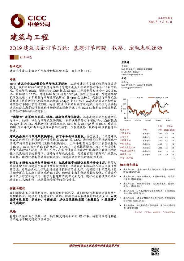 建筑与工程行业动态：2Q19建筑央企订单总结：基建订单回暖，铁路、城轨表现强劲