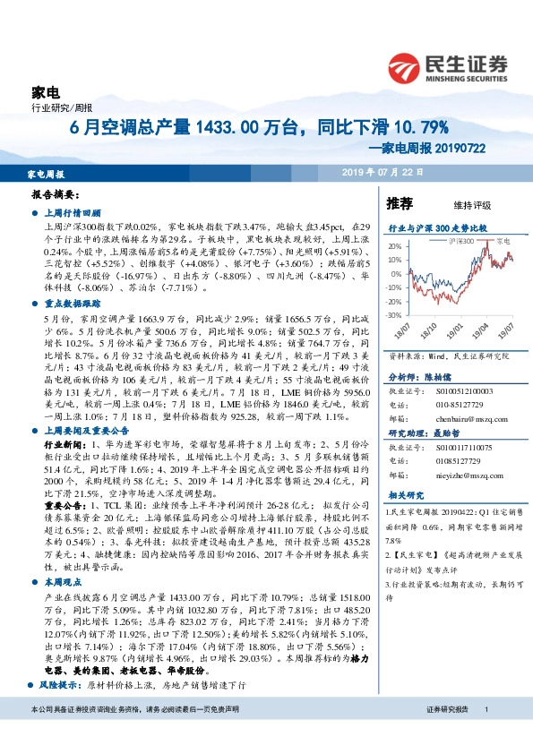 家电周报：6月空调总产量1433.00万台，同比下滑10.79%