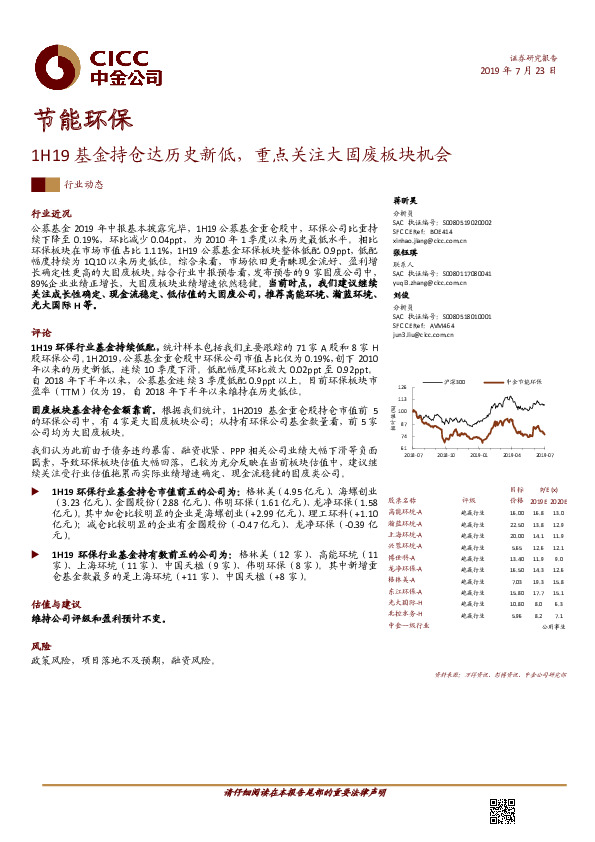 节能环保1H19基金持仓达历史新低，重点关注大固废板块机会