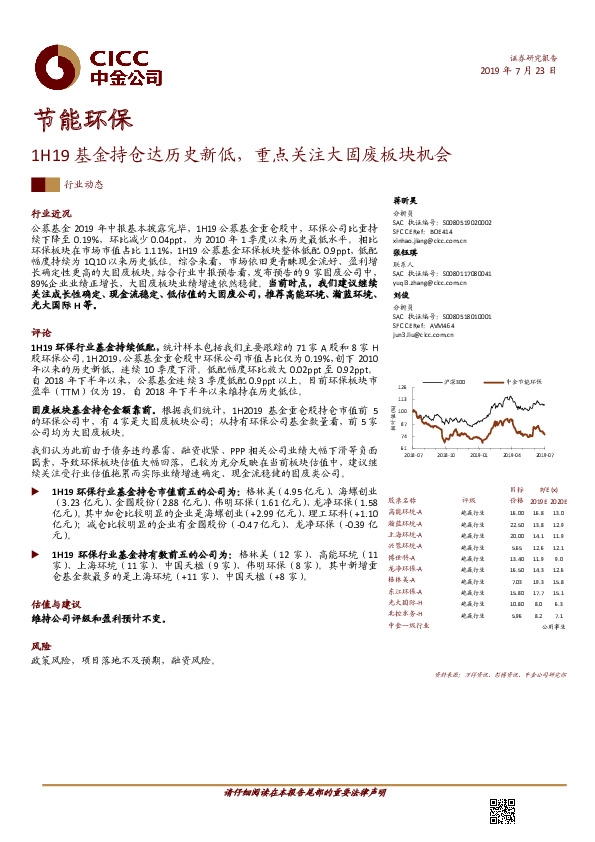 节能环保1H19基金持仓达历史新低，重点关注大固废板块机会