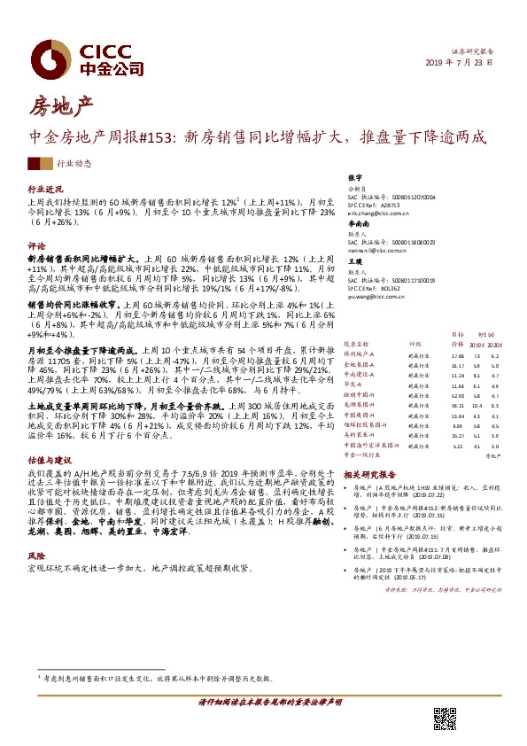 中金房地产周报#153：新房销售同比增幅扩大，推盘量下降逾两成