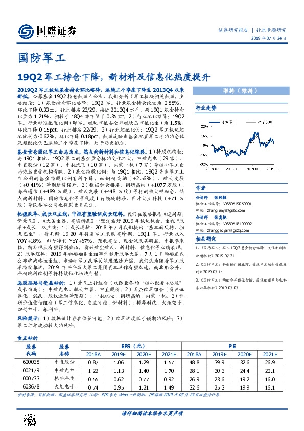 国防军工行业专题研究：19Q2军工持仓下降，新材料及信息化热度提升