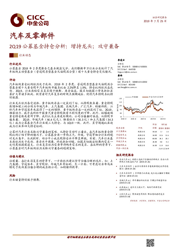 汽车及零部件行业动态：2Q19公募基金持仓分析：增持龙头；攻守兼备
