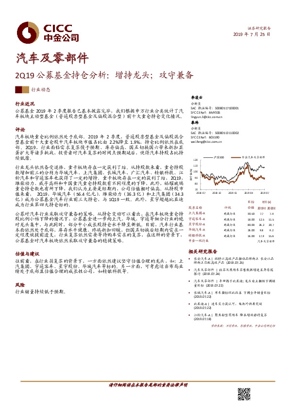 汽车及零部件行业动态：2Q19公募基金持仓分析：增持龙头；攻守兼备