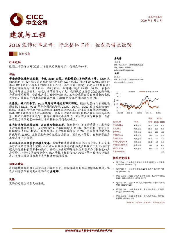 建筑与工程：2Q19装饰订单点评：行业整体下滑，但龙头增长强劲