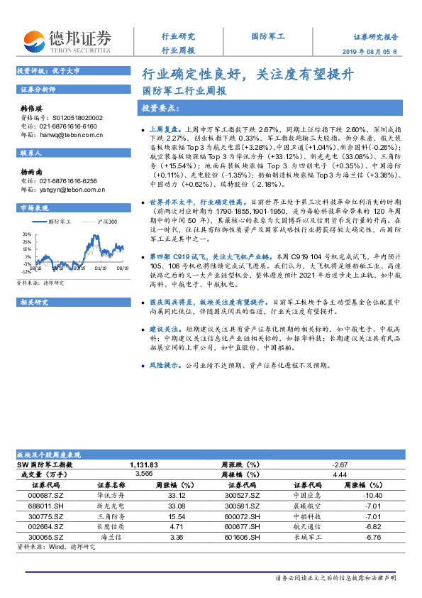 国防军工行业周报：行业确定性良好，关注度有望提升