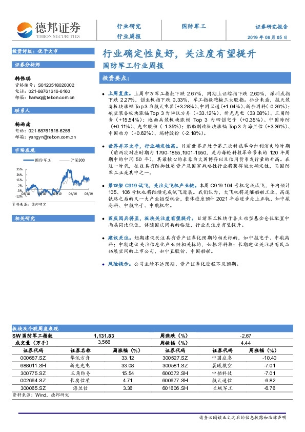 国防军工行业周报：行业确定性良好，关注度有望提升