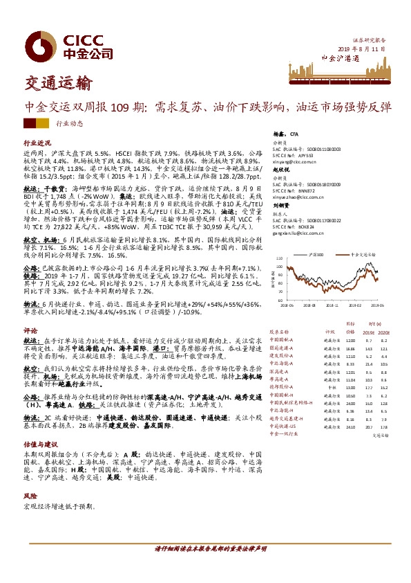 中金交运双周报109期：需求复苏、油价下跌影响，油运市场强势反弹