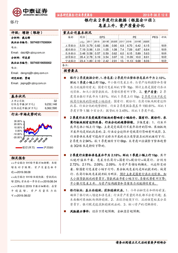 银行业2季度行业数据（银监会口径）：息差上升，资产质量分化