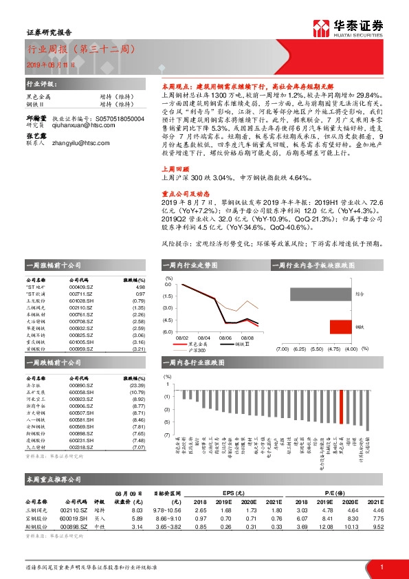 黑色金属行业周报（第三十二周）