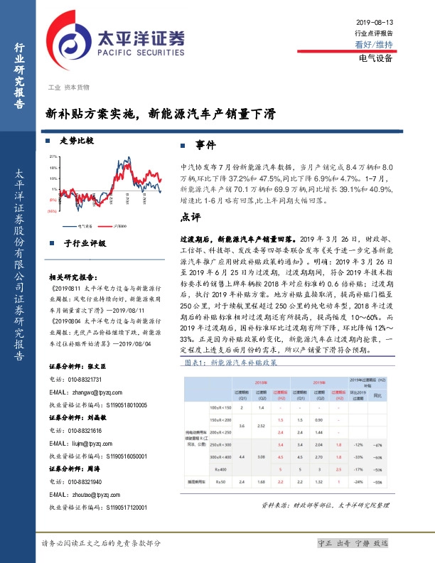 电气设备：新补贴方案实施，新能源汽车产销量下滑