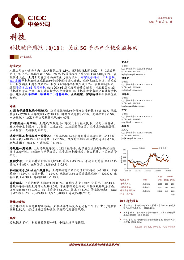 科技硬件周报：关注5G手机产业链受益标的