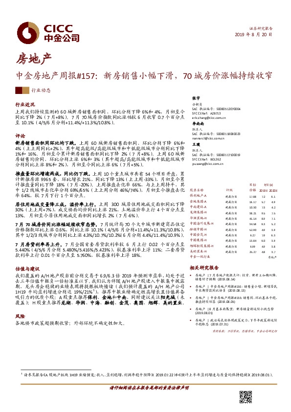 中金房地产周报#157：新房销售小幅下滑，70城房价涨幅持续收窄