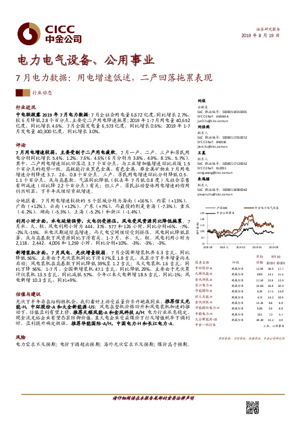 7月电力数据：用电增速低迷，二产回落拖累表现