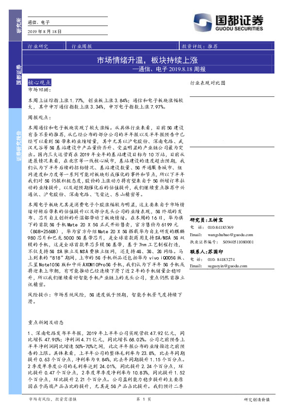 通信、电子周报：市场情绪升温，板块持续上涨