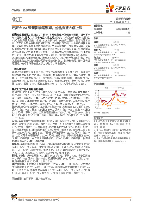 化工行业研究周报：巴斯夫VA装置影响超预期，价格有望大幅上涨