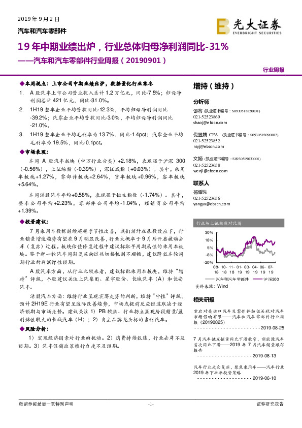 汽车和汽车零部件行业周报：19年中期业绩出炉，行业总体归母净利润同比-31%