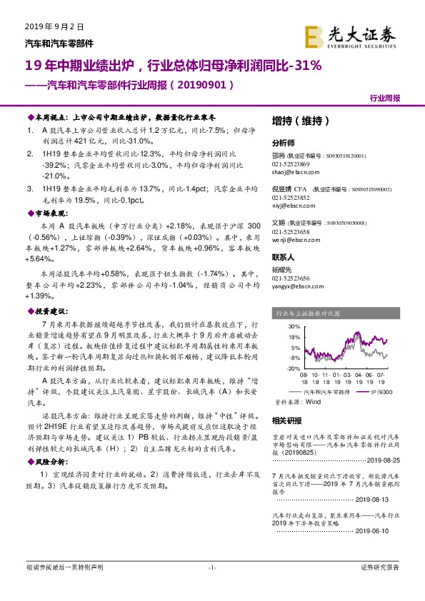 汽车和汽车零部件行业周报：19年中期业绩出炉，行业总体归母净利润同比-31%