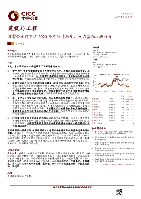 建筑与工程：国常会提前下达2020年专项债额度，发力基础设施投资