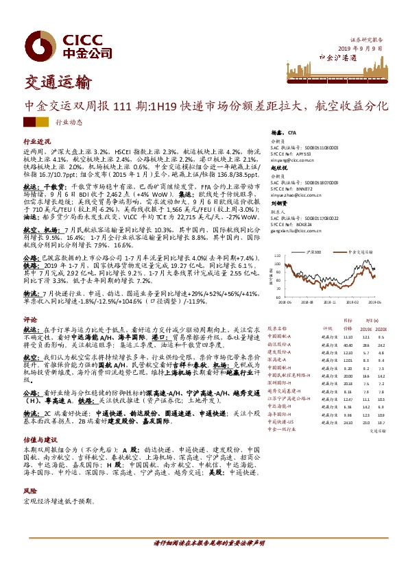 中金交运双周报111期：1H19快递市场份额差距拉大，航空收益分化