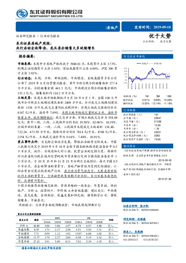 房地产周报：央行启动全面降准，龙头房企销售大多延续增长