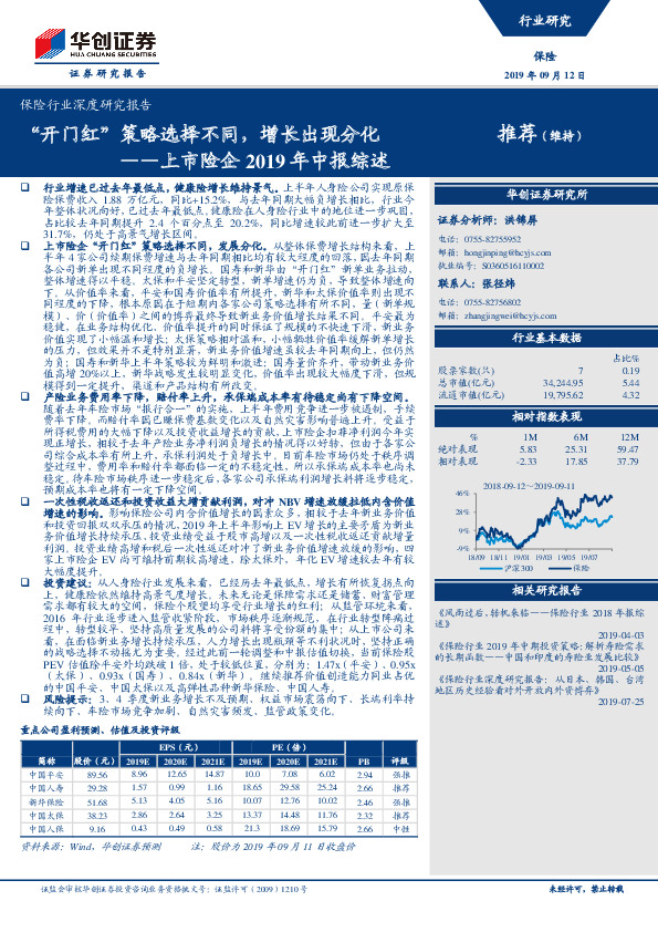 保险行业深度报告：上市险企2019年中报综述：“开门红”策略选择不同，增长出现分化