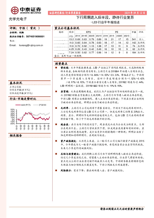 LED行业半年报综述：下行周期进入后半段，静待行业复苏