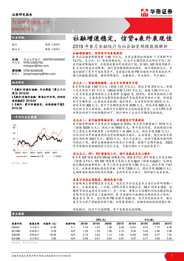 2019年8月金融统计与社会融资规模数据解析：社融增速稳定，信贷+表外表现佳