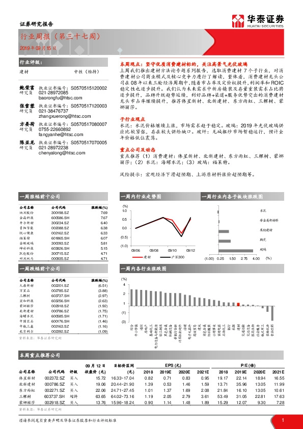 建材行业周报（第三十七周）