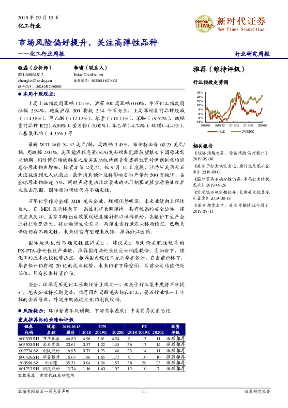 化工行业周报：市场风险偏好提升，关注高弹性品种