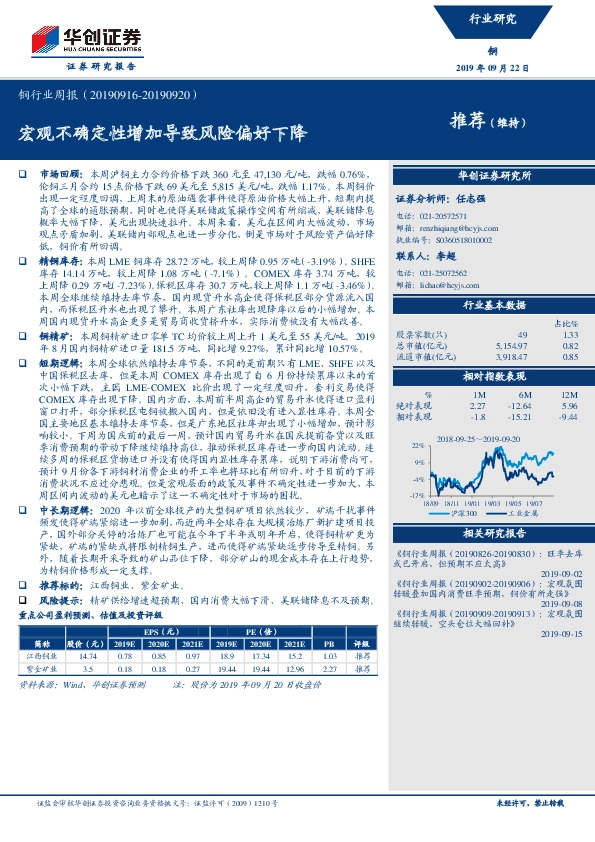 铜行业周报：宏观不确定性增加导致风险偏好下降