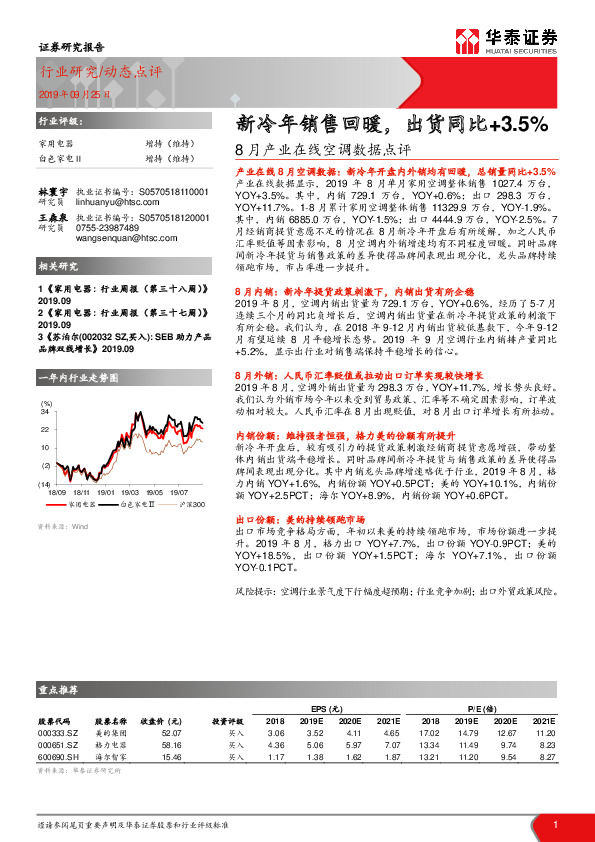 8月产业在线空调数据点评：新冷年销售回暖，出货同比+3.5%