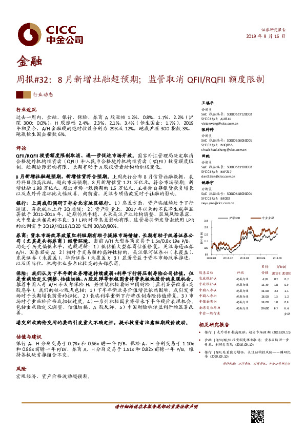金融周报#32：8月新增社融超预期；监管取消QFII/RQFII额度限制