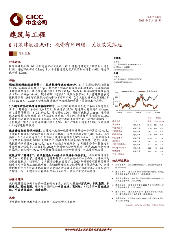 建筑与工程：8月基建数据点评：投资有所回暖，关注政策落地