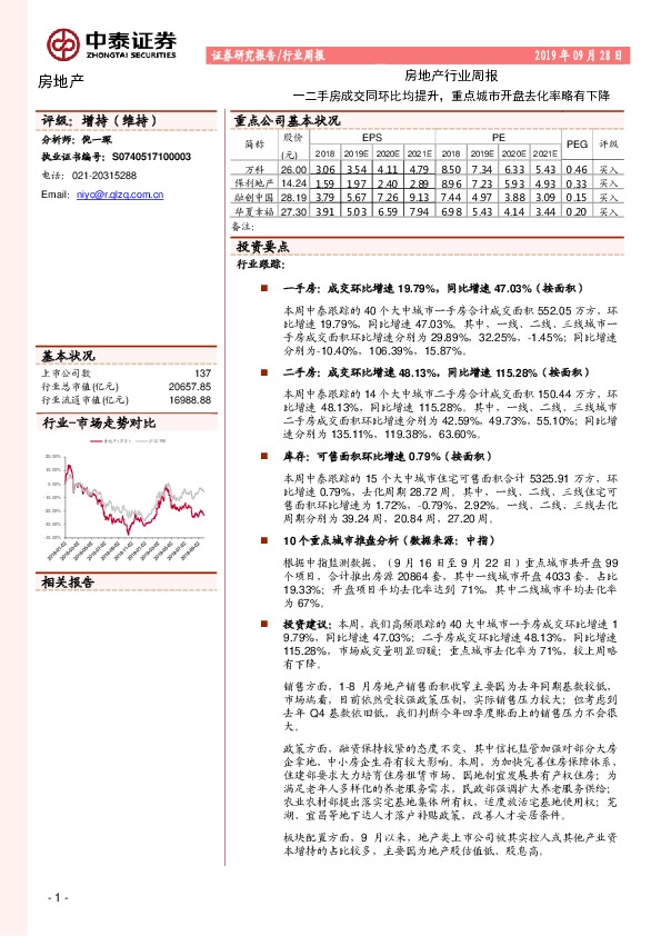 房地产行业周报：一二手房成交同环比均提升，重点城市开盘去化率略有下降