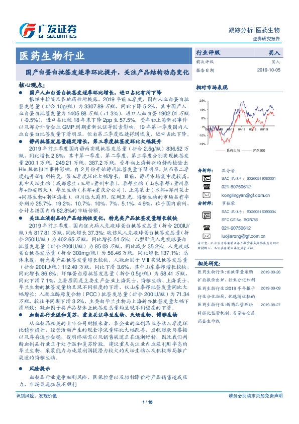 医药生物行业：国产白蛋白批签发逐季环比提升，关注产品结构动态变化