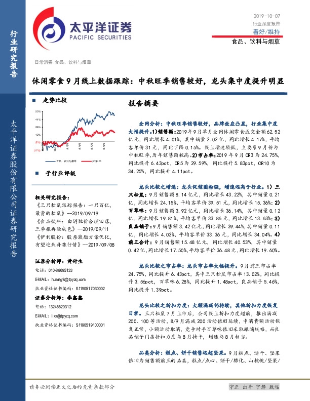 食品、饮料与烟草行业深度报告：休闲零食9月线上数据跟踪：中秋旺季销售较好，龙头集中度提升明显