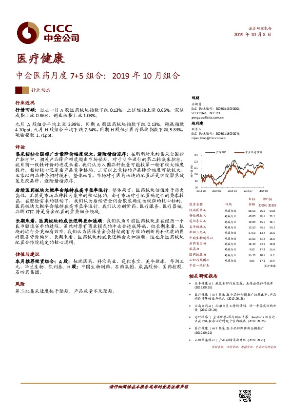 医疗健康：中金医药月度7+5组合：2019年10月组合