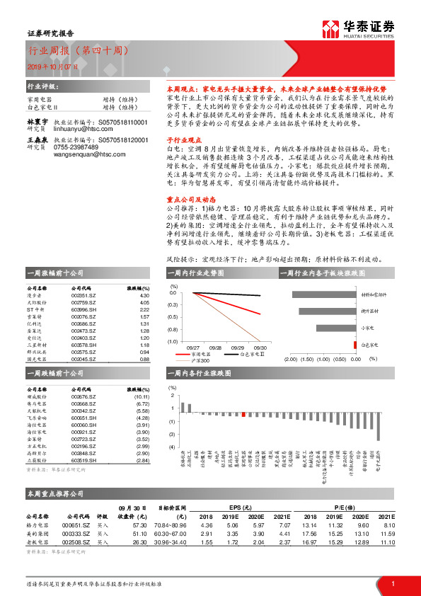 家用电器行业周报（第四十周）